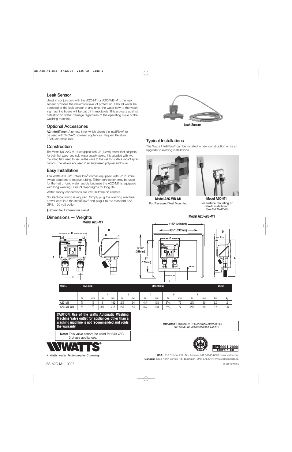 Leak sensor, Optional accessories, Construction | Easy installation, Dimensions — weights, Typical installations | Watts A2C-WB User Manual | Page 2 / 2