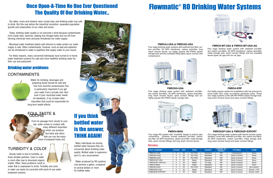 Flowmatic, Ro drinking water systems, Drinking water problems: contaminents | Turbidity & color, Foul taste & odors, Models | Watts FMRO5GP-115V User Manual | Page 2 / 2