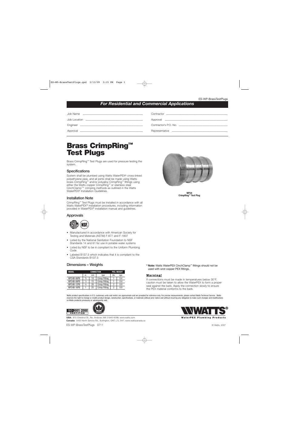 Watts WP24B User Manual | 1 page