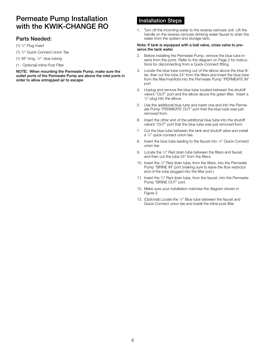 Permeate pump installation with the kwik-change ro, Parts needed, Installation steps | Watts PWPERMKIT User Manual | Page 6 / 8