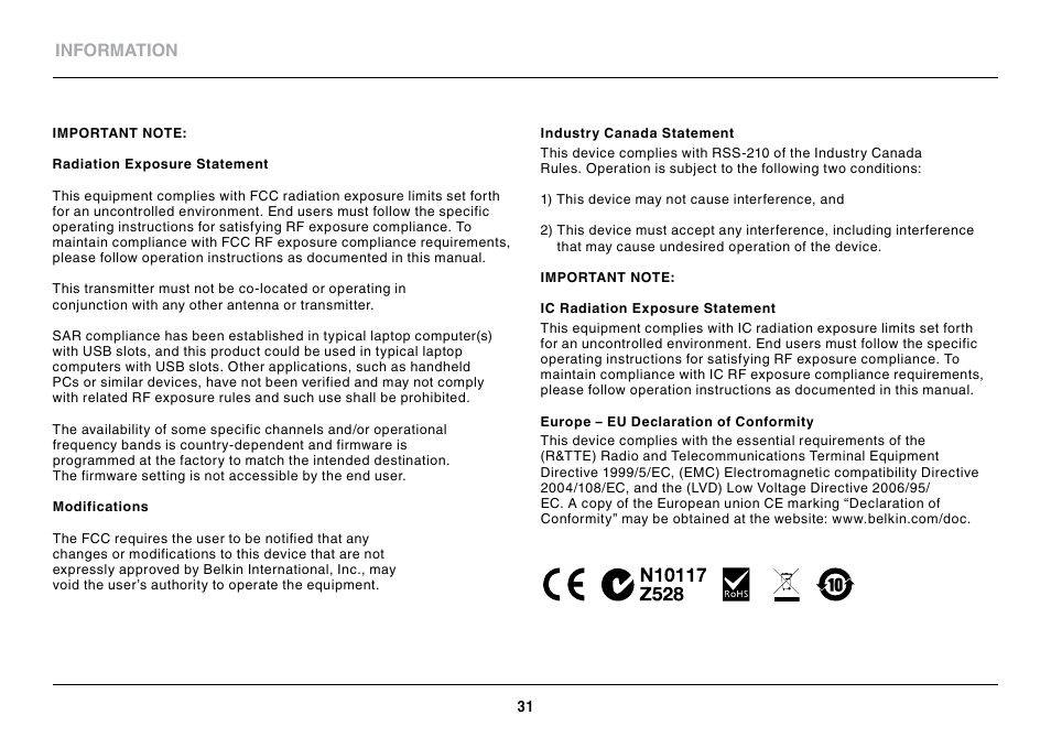 Belkin Wireless USB Adapter N150 Micro User Manual | Page 33 / 36