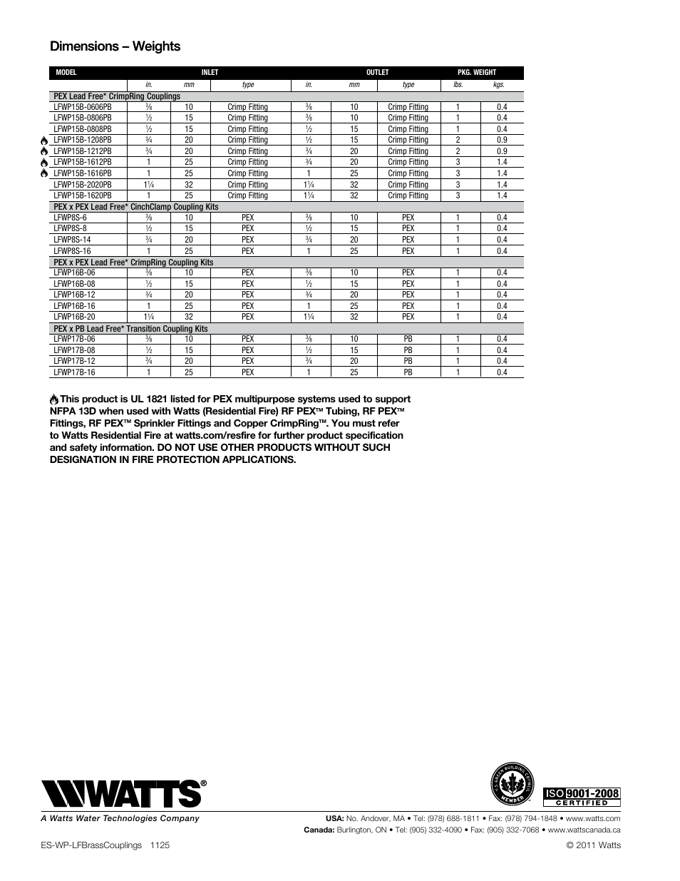 Dimensions – weights | Watts LFWP16B User Manual | Page 2 / 2