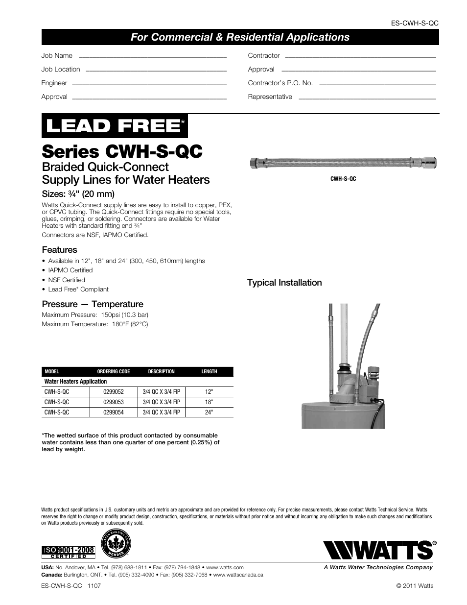 Watts CWH-S-QC User Manual | 1 page