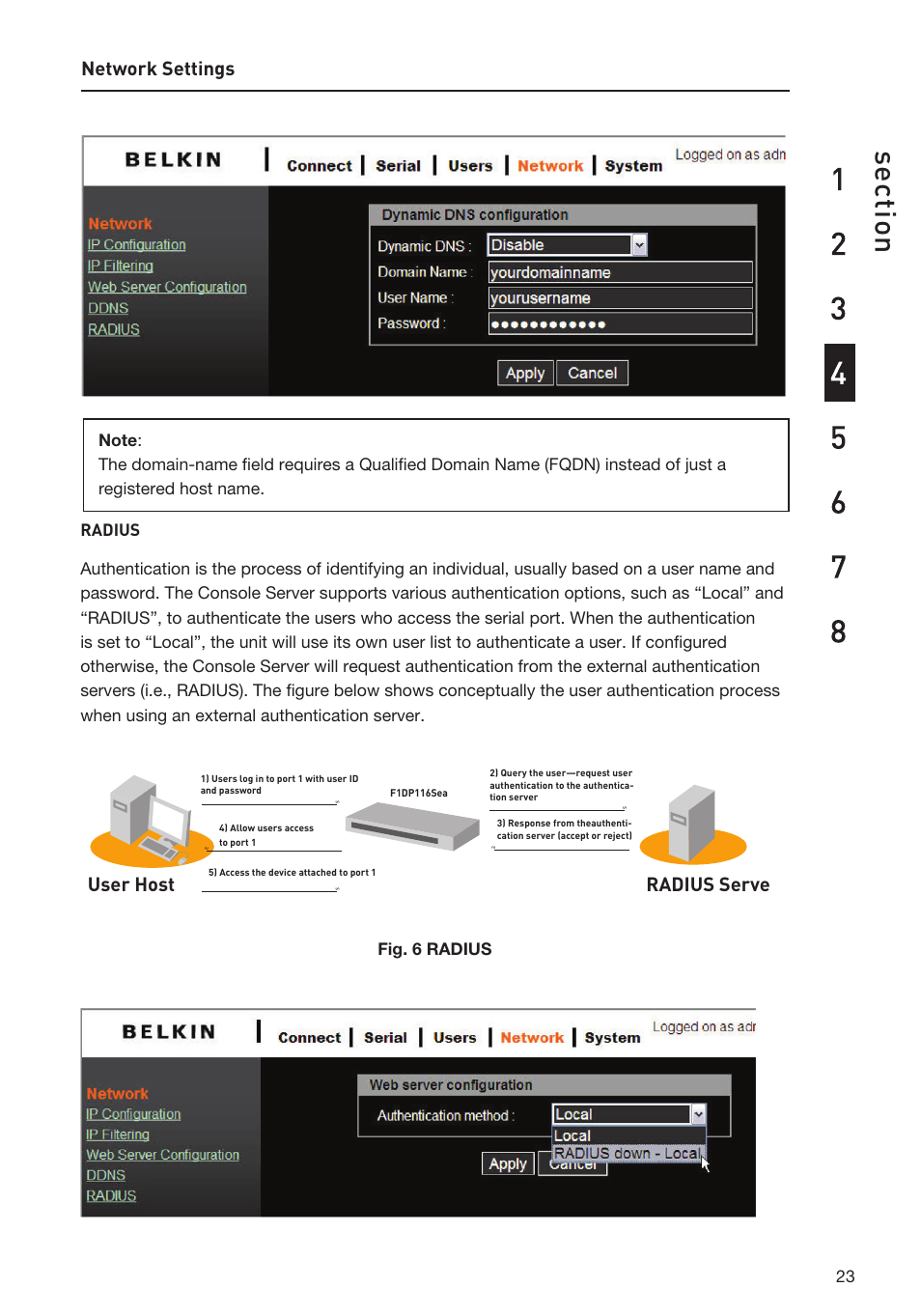 Network settings, Radius serve r user host | Belkin F1DP116SEA User Manual | Page 27 / 68