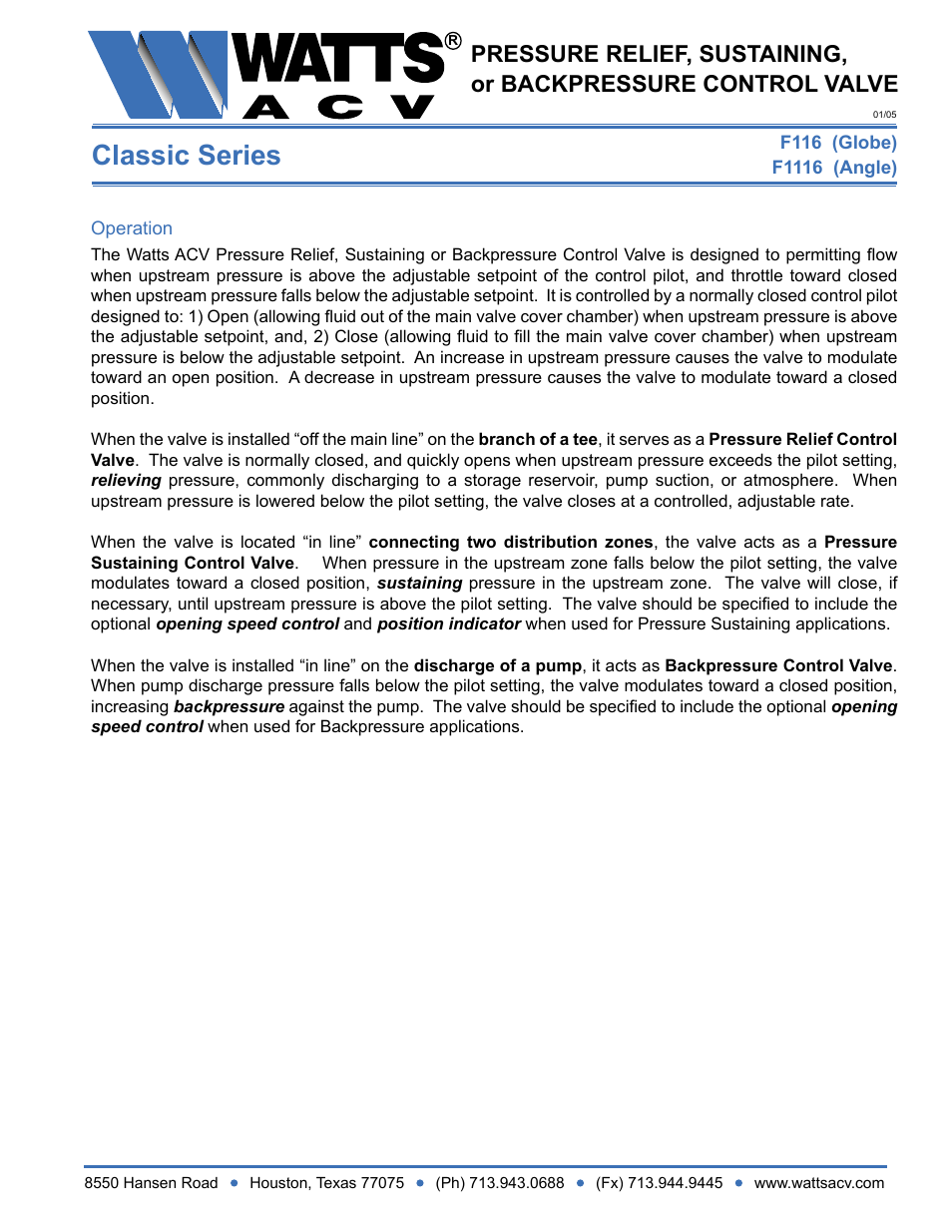 Watts F1116 User Manual | 2 pages
