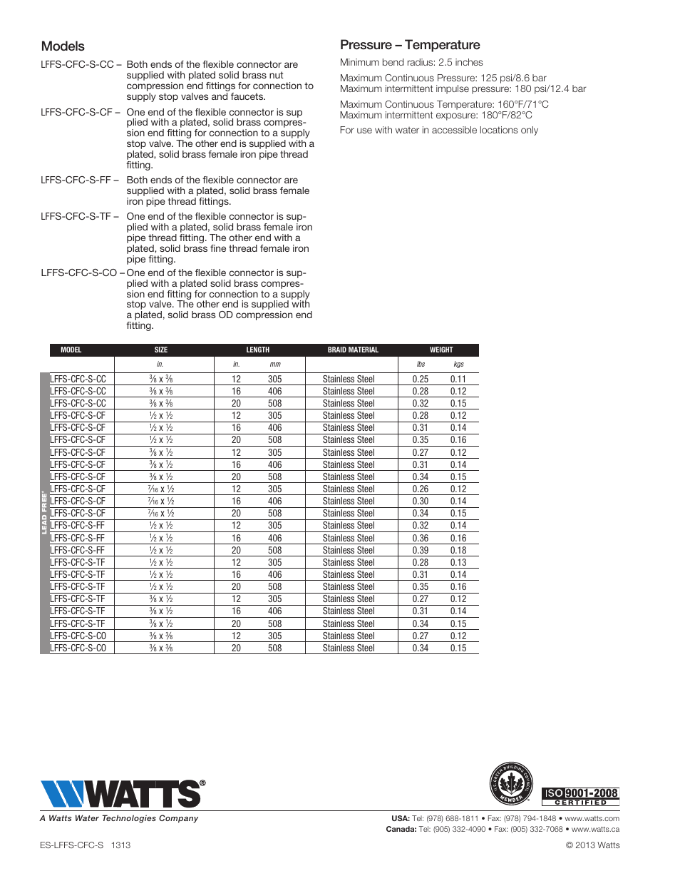 Models, Pressure – temperature | Watts LFFS-CFC-S User Manual | Page 2 / 2