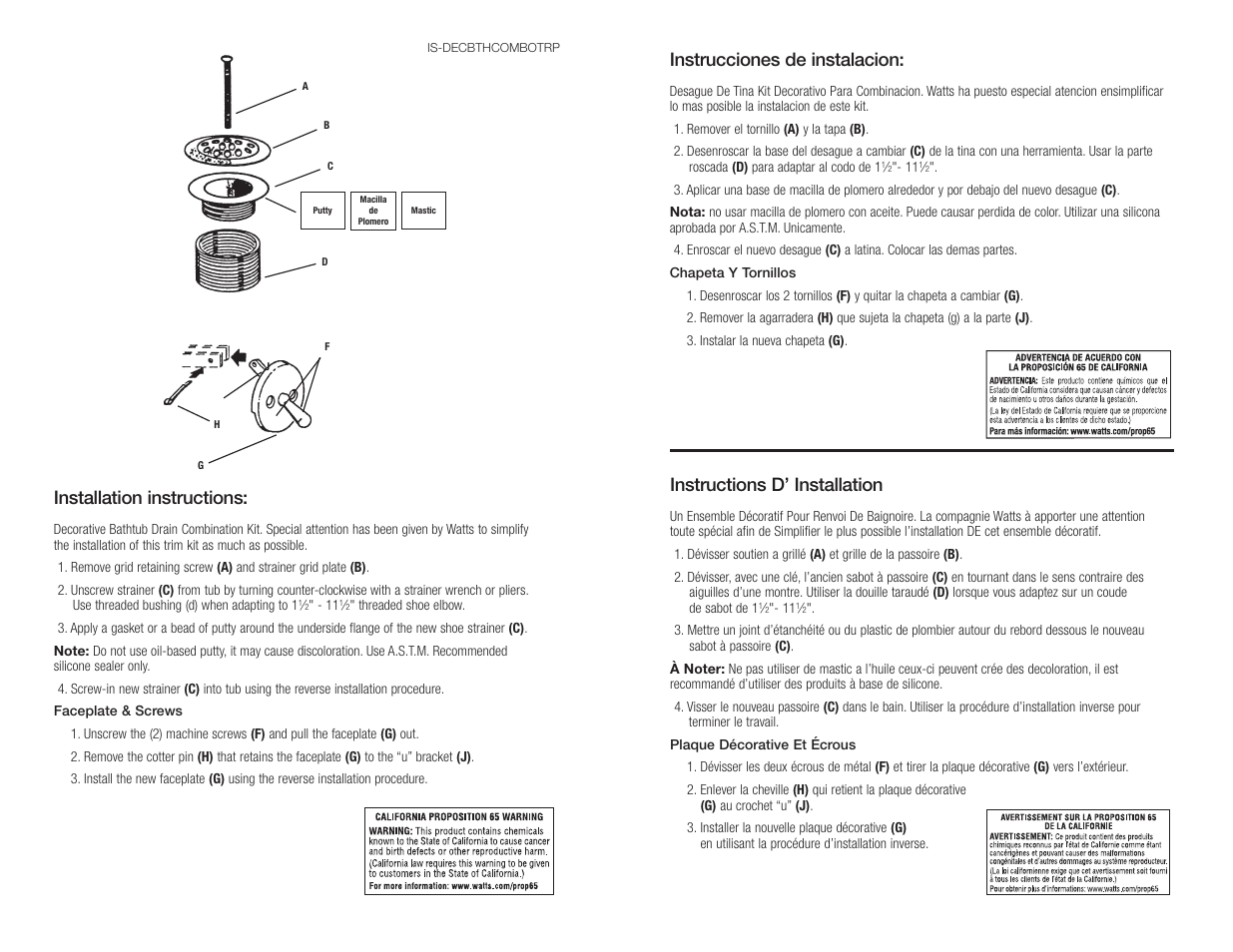 Instructions d’ installation, Instrucciones de instalacion, Installation instructions | Watts C932 PVD User Manual | Page 2 / 2