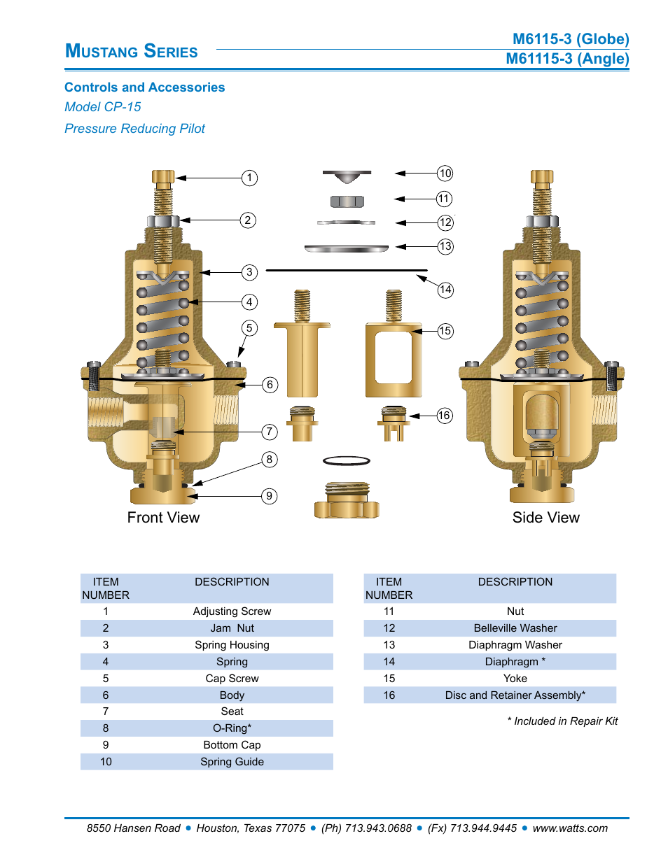 Front view side view | Watts M61115-3 User Manual | Page 5 / 7