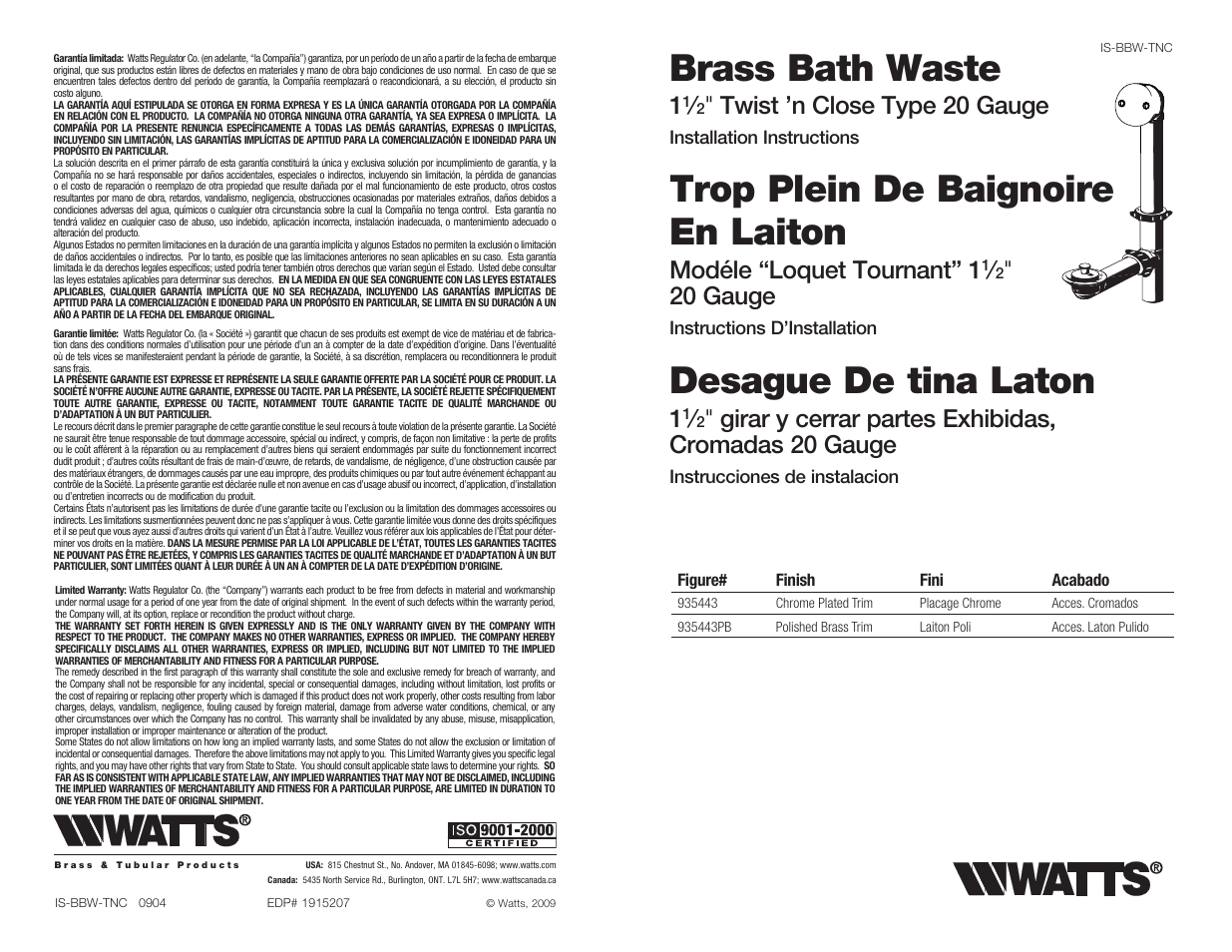 Watts 935 443 User Manual | 2 pages