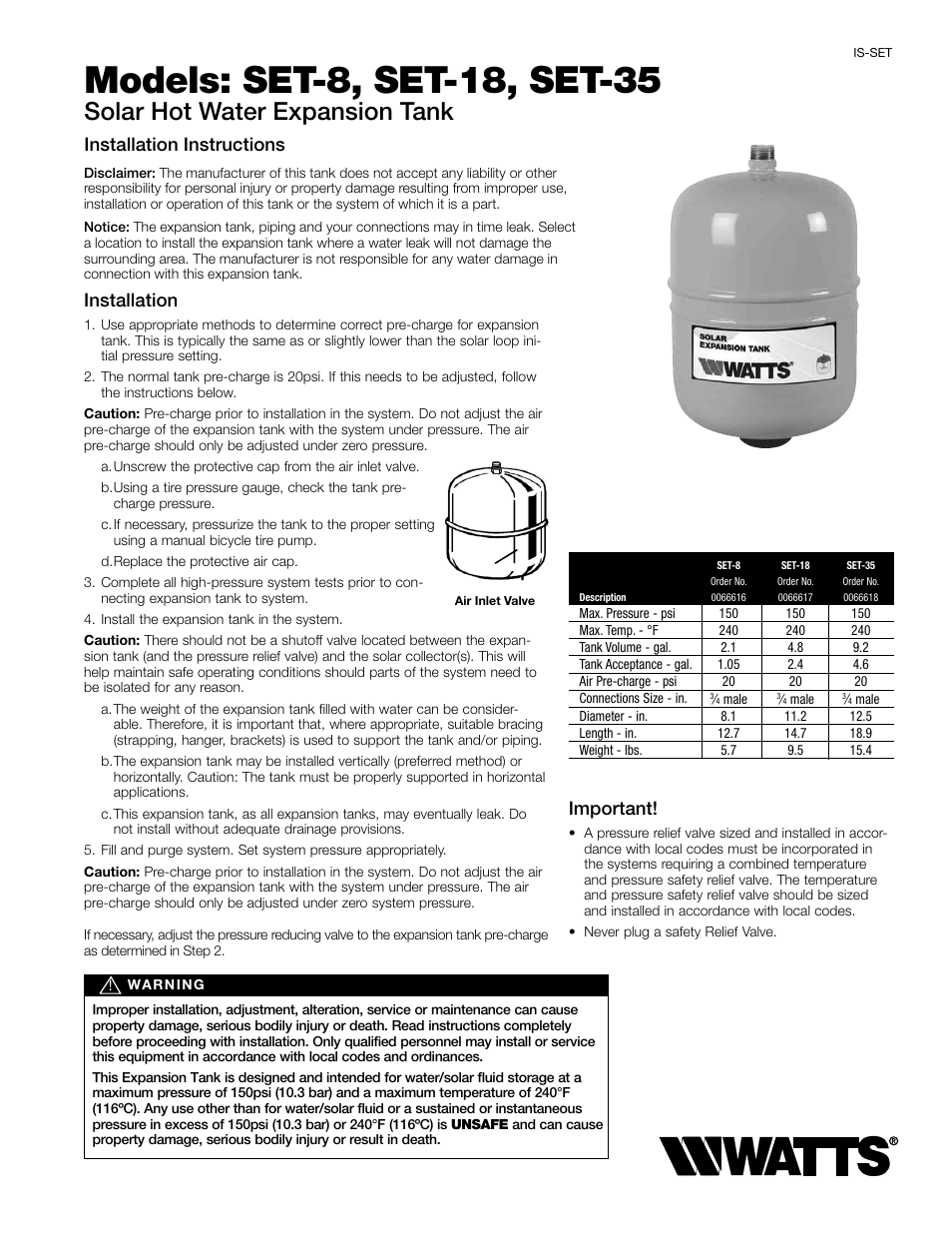 Watts SET User Manual | 2 pages