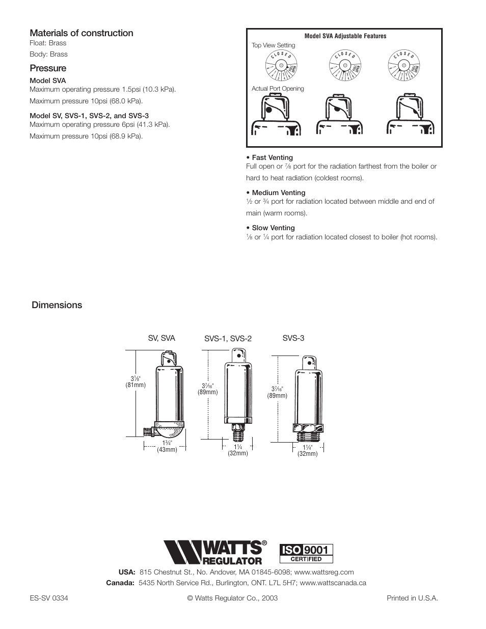 Materials of construction, Pressure, Dimensions | Watts SVS User Manual | Page 2 / 2