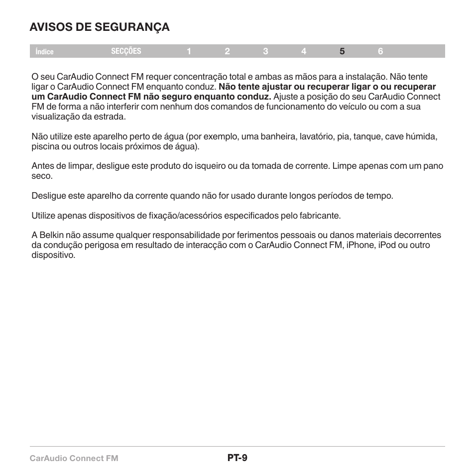 Avisos de segurança | Belkin CarAudio Connect FM F8M120cw 8820ek00824 User Manual | Page 107 / 240