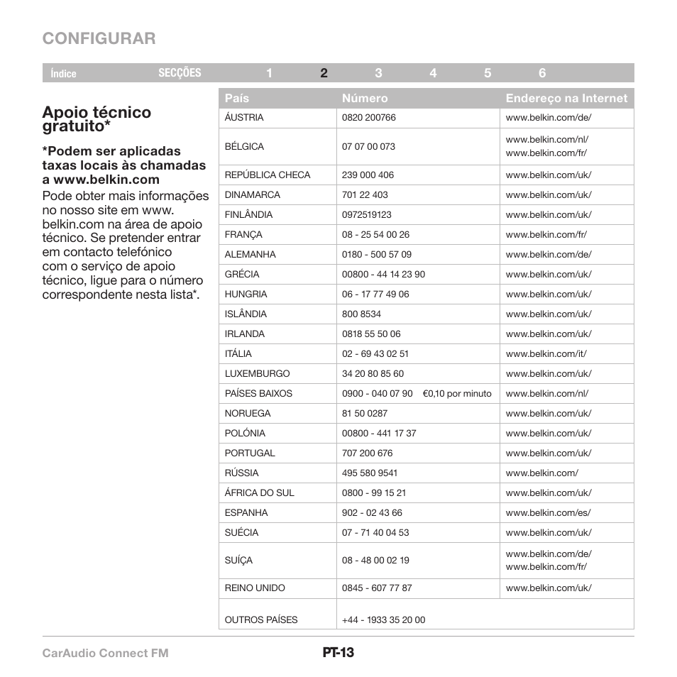 Configurar, Apoio técnico gratuito, Pt-13 | Belkin CarAudio Connect FM F8M120cw 8820ek00824 User Manual | Page 111 / 240