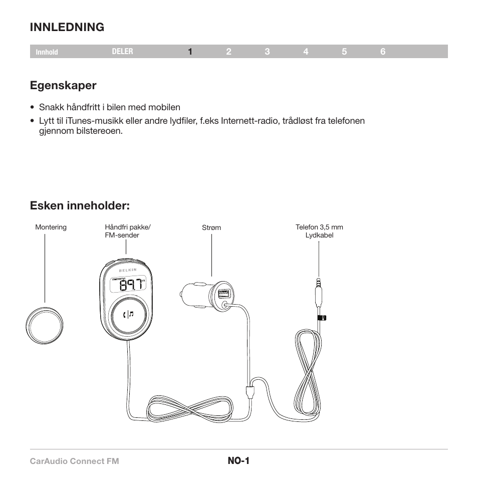 Innledning egenskaper, Esken inneholder | Belkin CarAudio Connect FM F8M120cw 8820ek00824 User Manual | Page 147 / 240