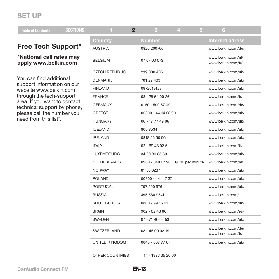 Set up, Free tech support, En-13 | Belkin CarAudio Connect FM F8M120cw 8820ek00824 User Manual | Page 15 / 240