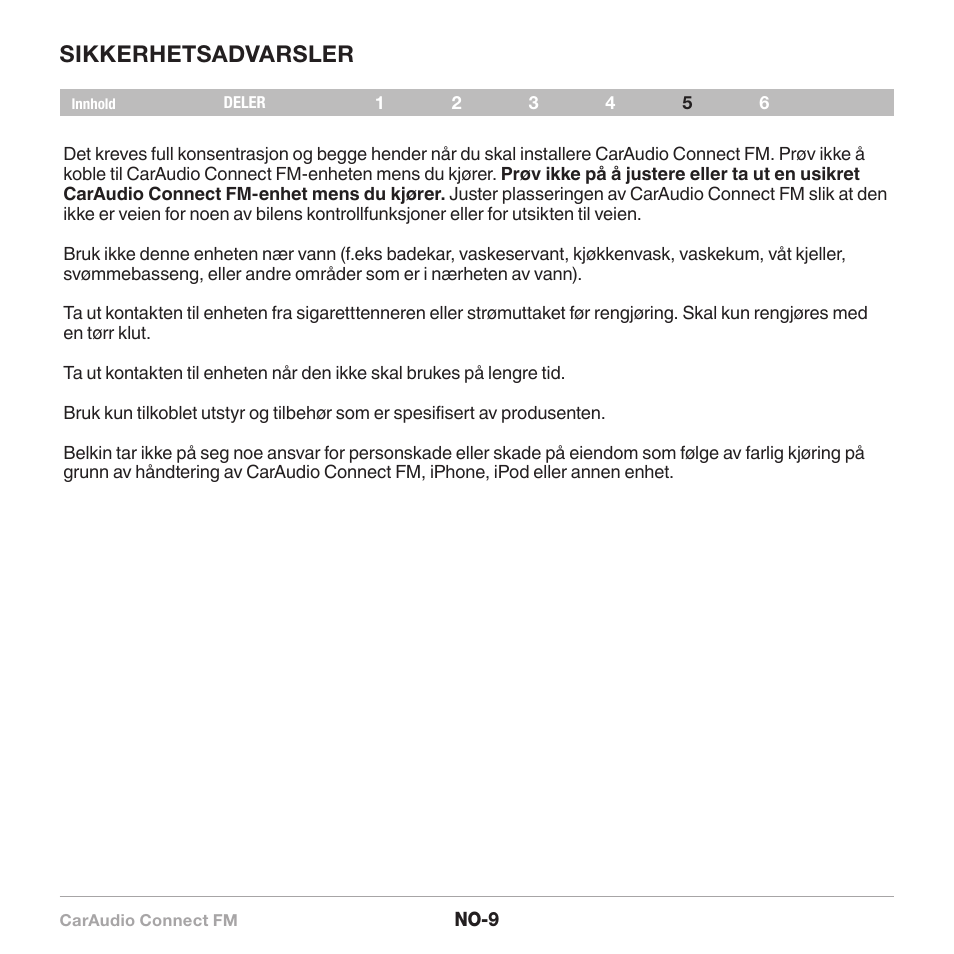 Sikkerhetsadvarsler | Belkin CarAudio Connect FM F8M120cw 8820ek00824 User Manual | Page 155 / 240
