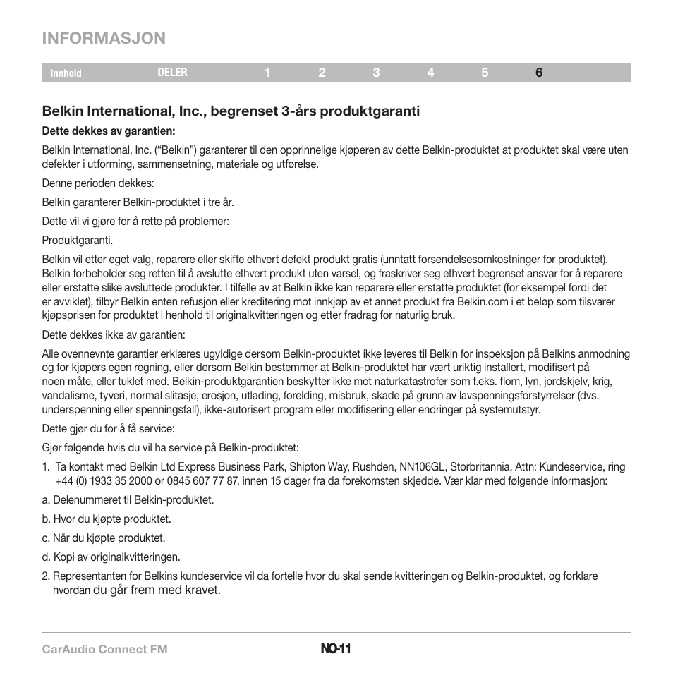 Informasjon | Belkin CarAudio Connect FM F8M120cw 8820ek00824 User Manual | Page 157 / 240