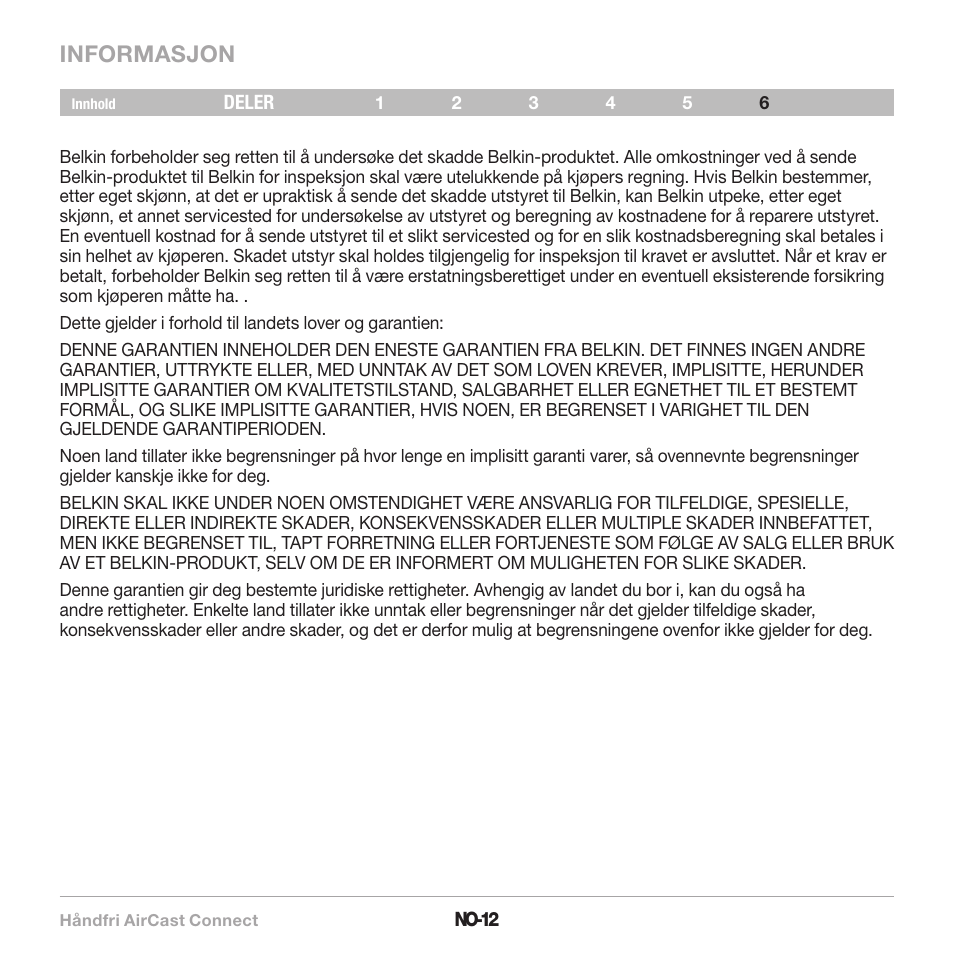 Informasjon | Belkin CarAudio Connect FM F8M120cw 8820ek00824 User Manual | Page 158 / 240