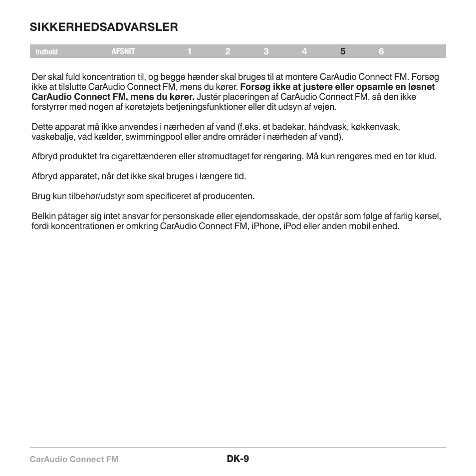 Sikkerhedsadvarsler | Belkin CarAudio Connect FM F8M120cw 8820ek00824 User Manual | Page 171 / 240