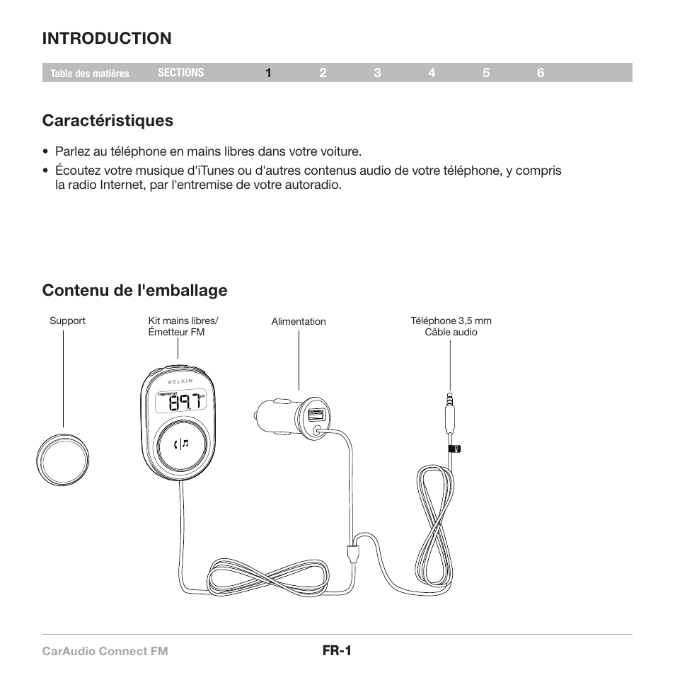 Introduction caractéristiques, Contenu de l'emballage | Belkin CarAudio Connect FM F8M120cw 8820ek00824 User Manual | Page 19 / 240