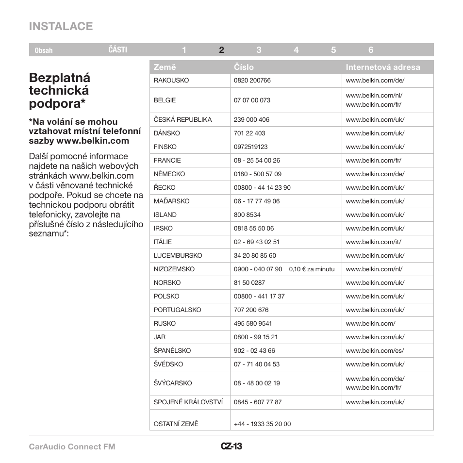 Bezplatná technická podpora, Instalace, Cz-13 | Belkin CarAudio Connect FM F8M120cw 8820ek00824 User Manual | Page 207 / 240