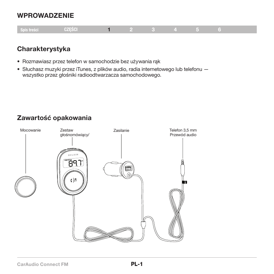 Wprowadzenie charakterystyka, Zawartość opakowania | Belkin CarAudio Connect FM F8M120cw 8820ek00824 User Manual | Page 211 / 240