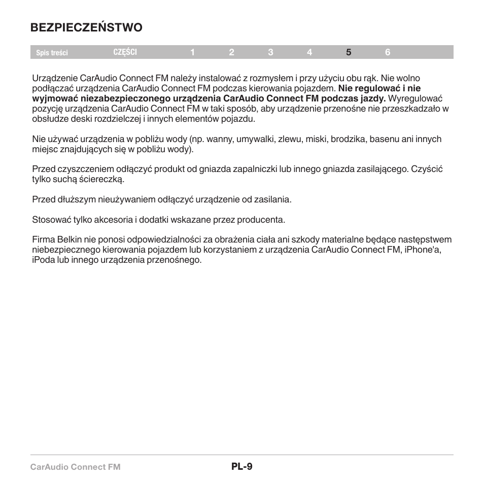 Bezpieczeństwo | Belkin CarAudio Connect FM F8M120cw 8820ek00824 User Manual | Page 219 / 240