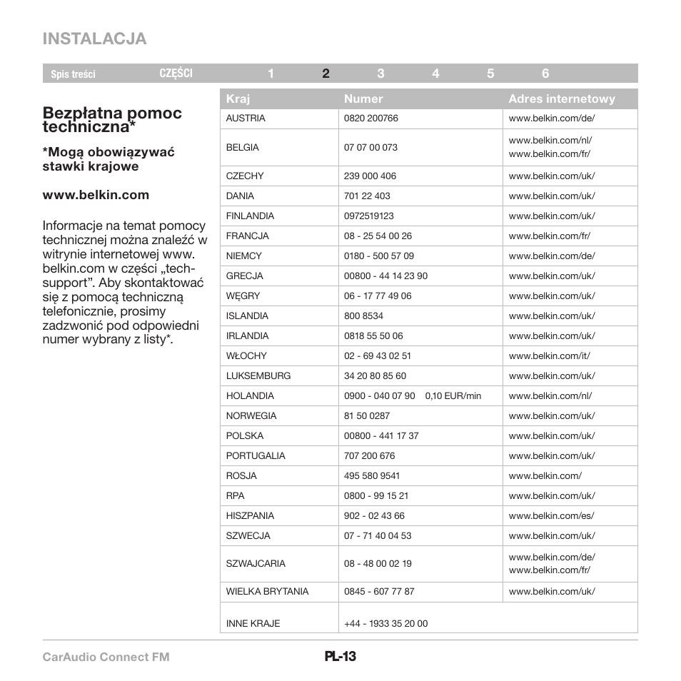 Instalacja, Bezpłatna pomoc techniczna, Pl-13 | Belkin CarAudio Connect FM F8M120cw 8820ek00824 User Manual | Page 223 / 240