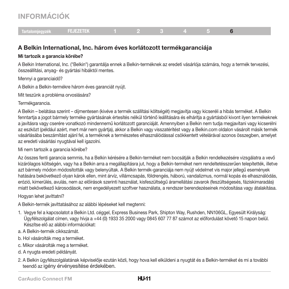 Információk | Belkin CarAudio Connect FM F8M120cw 8820ek00824 User Manual | Page 237 / 240