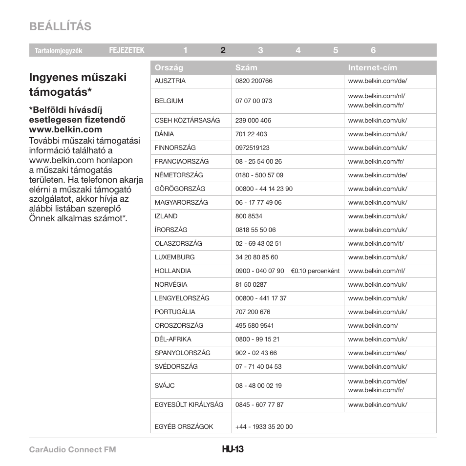 Beállítás, Ingyenes műszaki támogatás, Hu-13 | Belkin CarAudio Connect FM F8M120cw 8820ek00824 User Manual | Page 239 / 240