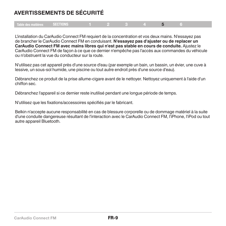 Avertissements de sécurité | Belkin CarAudio Connect FM F8M120cw 8820ek00824 User Manual | Page 27 / 240