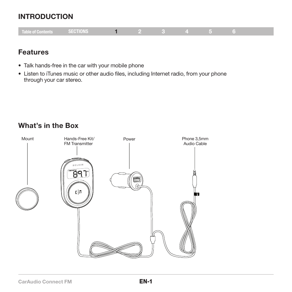 Introduction features, What’s in the box | Belkin CarAudio Connect FM F8M120cw 8820ek00824 User Manual | Page 3 / 240