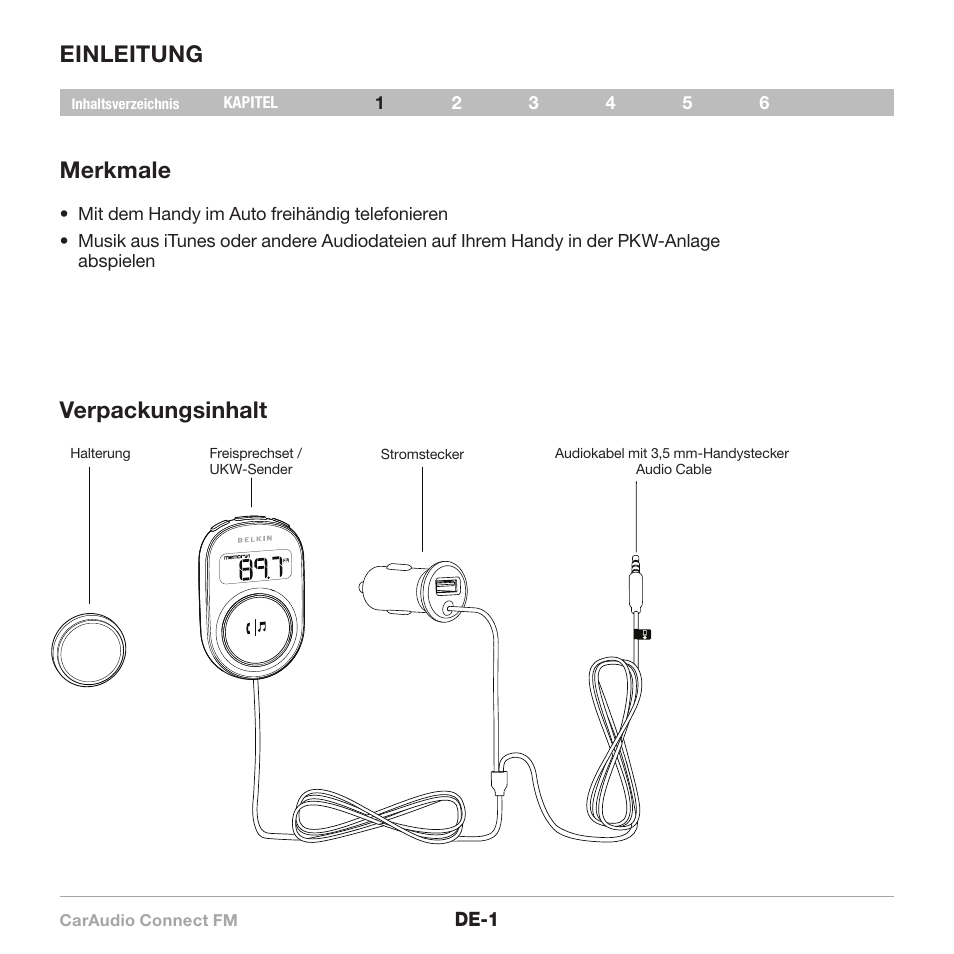 Einleitung merkmale, Verpackungsinhalt | Belkin CarAudio Connect FM F8M120cw 8820ek00824 User Manual | Page 35 / 240