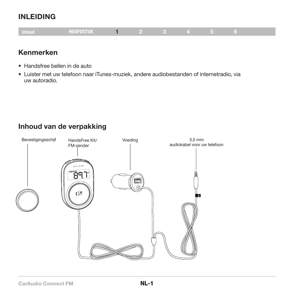 Inleiding kenmerken, Inhoud van de verpakking | Belkin CarAudio Connect FM F8M120cw 8820ek00824 User Manual | Page 51 / 240