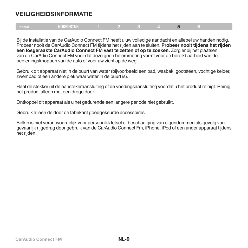 Veiligheidsinformatie | Belkin CarAudio Connect FM F8M120cw 8820ek00824 User Manual | Page 59 / 240