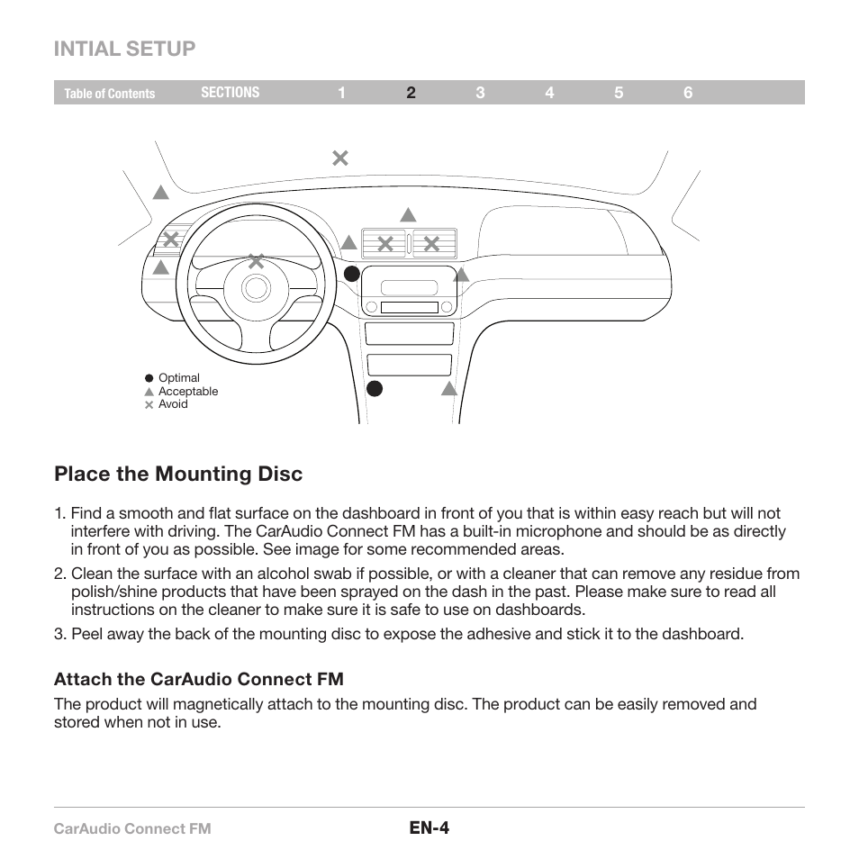 Intial setup place the mounting disc | Belkin CarAudio Connect FM F8M120cw 8820ek00824 User Manual | Page 6 / 240