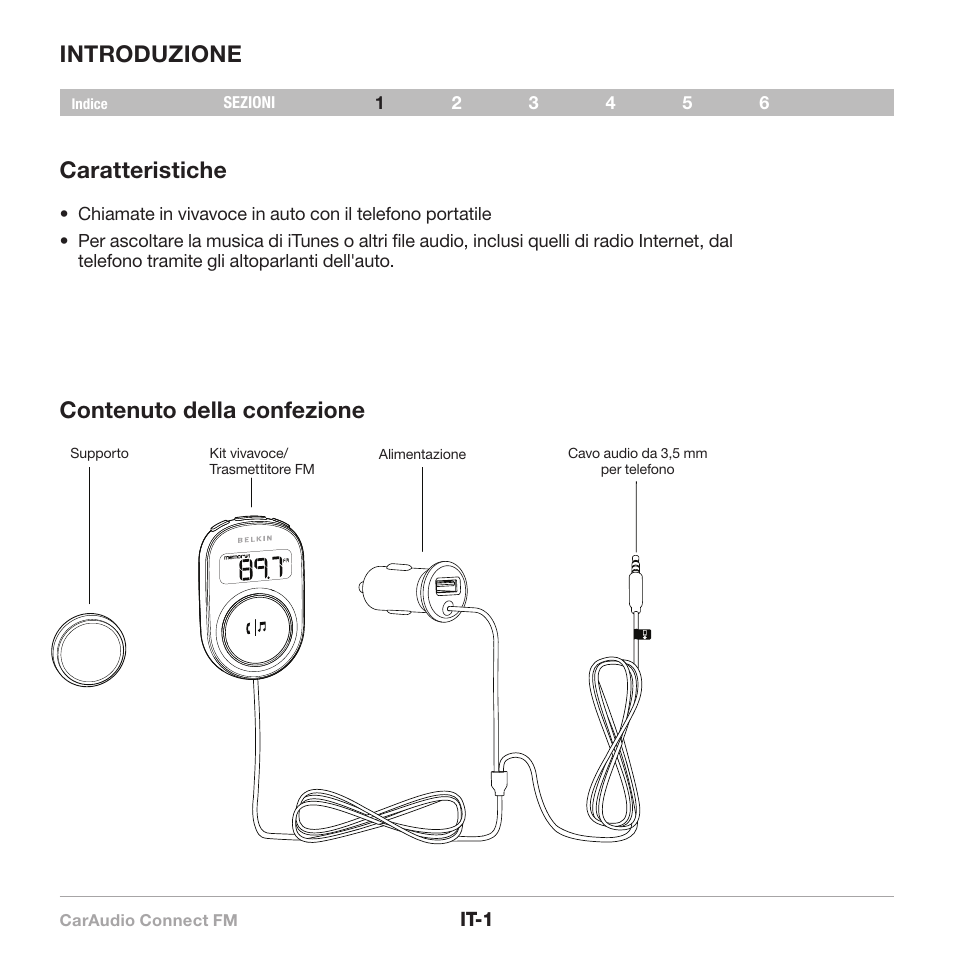 Introduzione caratteristiche, Contenuto della confezione | Belkin CarAudio Connect FM F8M120cw 8820ek00824 User Manual | Page 83 / 240