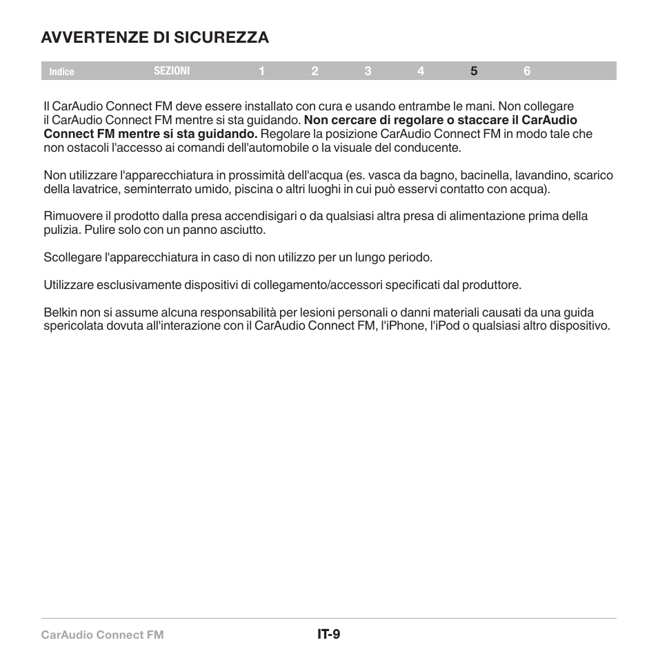 Avvertenze di sicurezza | Belkin CarAudio Connect FM F8M120cw 8820ek00824 User Manual | Page 91 / 240