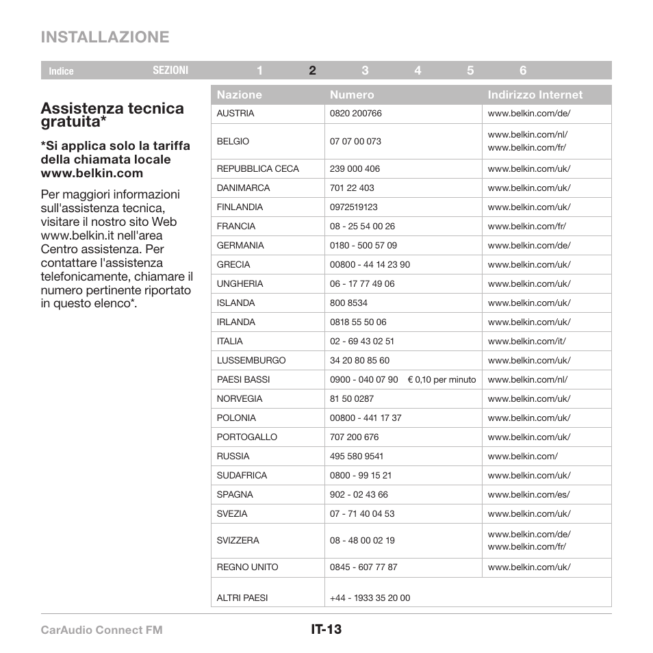 Installazione, Assistenza tecnica gratuita, It-13 | Belkin CarAudio Connect FM F8M120cw 8820ek00824 User Manual | Page 95 / 240