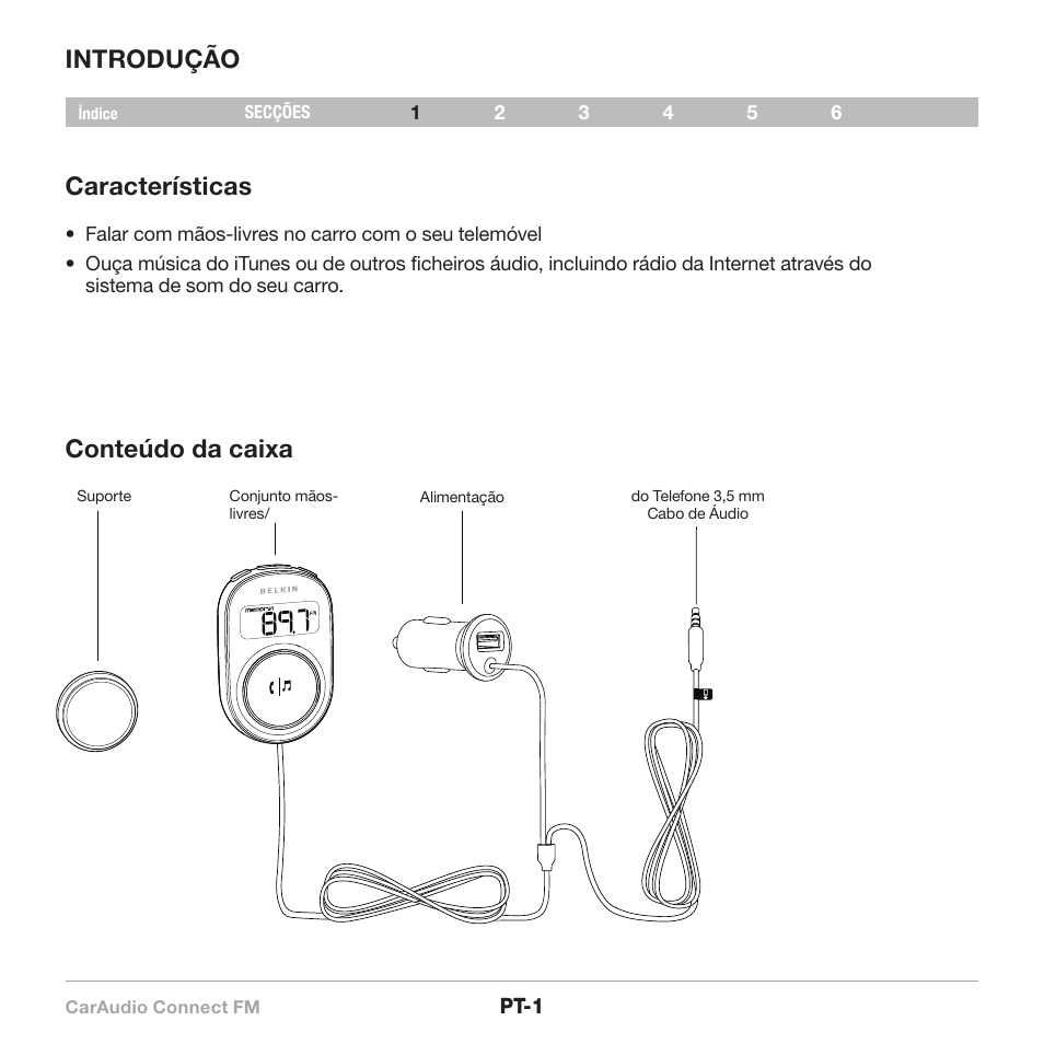 Introdução características, Conteúdo da caixa | Belkin CarAudio Connect FM F8M120cw 8820ek00824 User Manual | Page 99 / 240