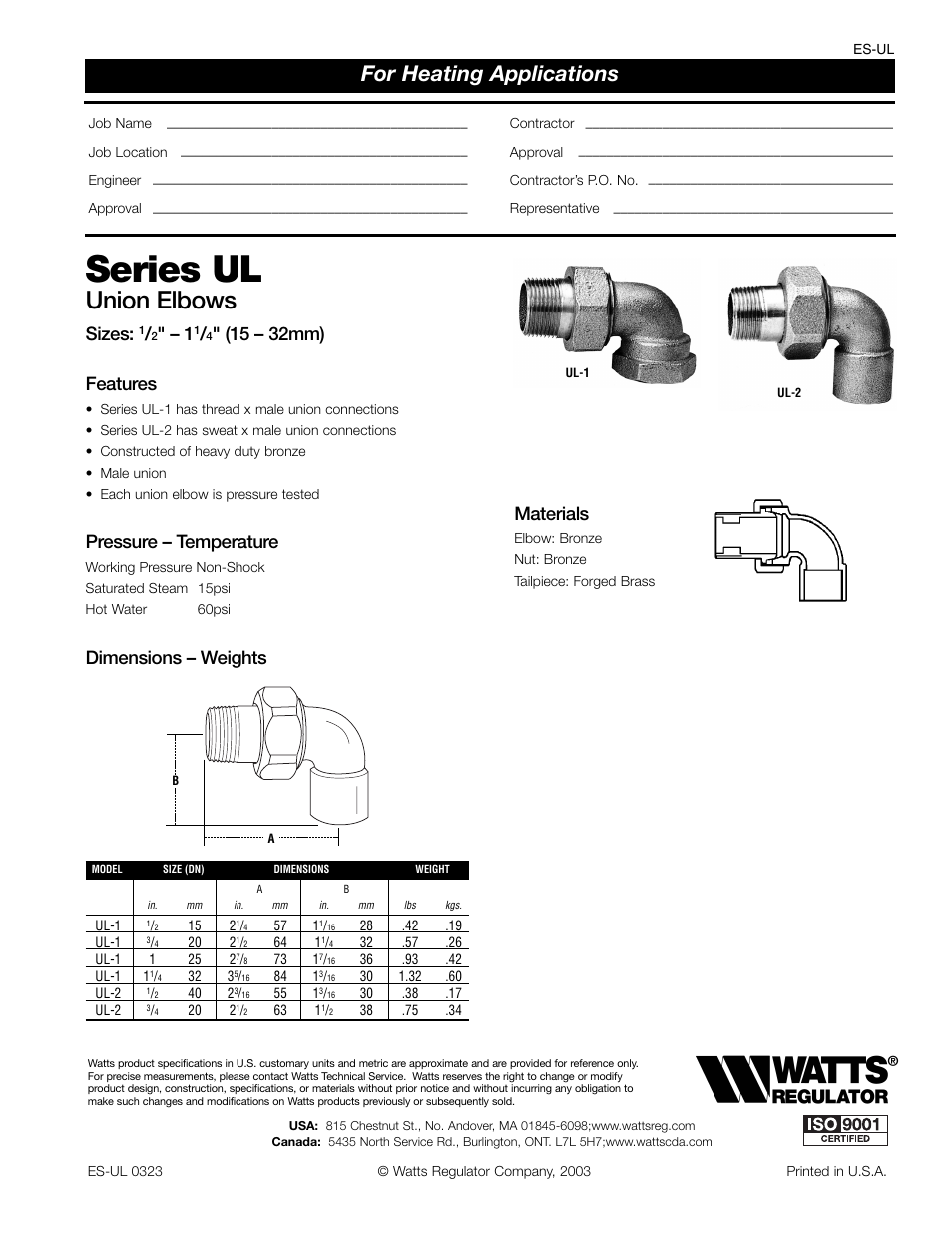 Watts UL User Manual | 1 page