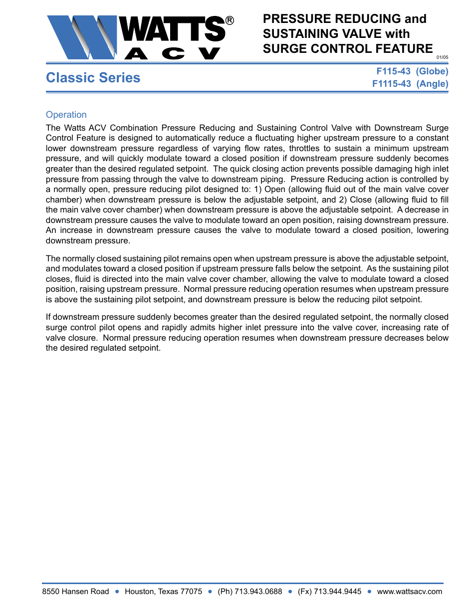 Watts F1115-43 User Manual | 2 pages