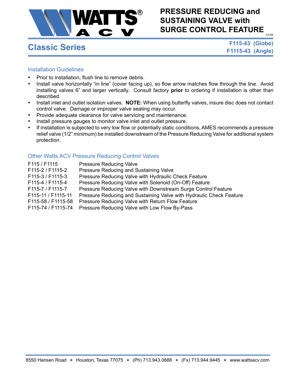 Classic series | Watts F1115-43 User Manual | Page 2 / 2