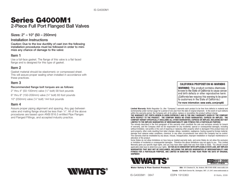 Watts G4000M1 User Manual | 2 pages