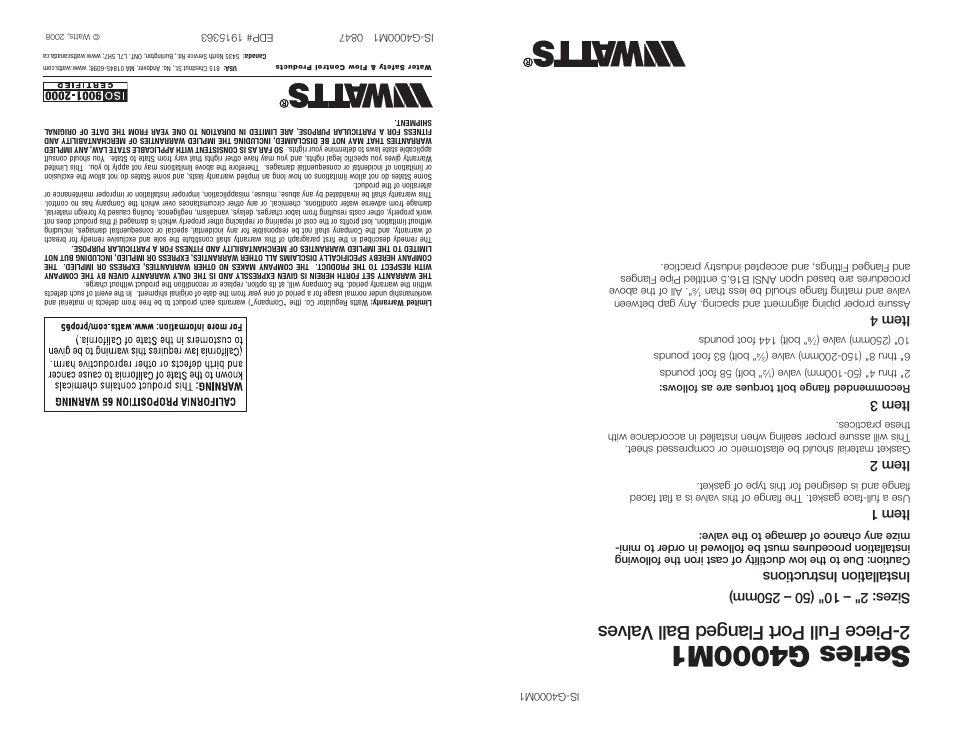 Piece full port flanged ball valves, Installation instructions, Item 1 | Item 2, Item 3, Item 4 | Watts G4000M1 User Manual | Page 2 / 2