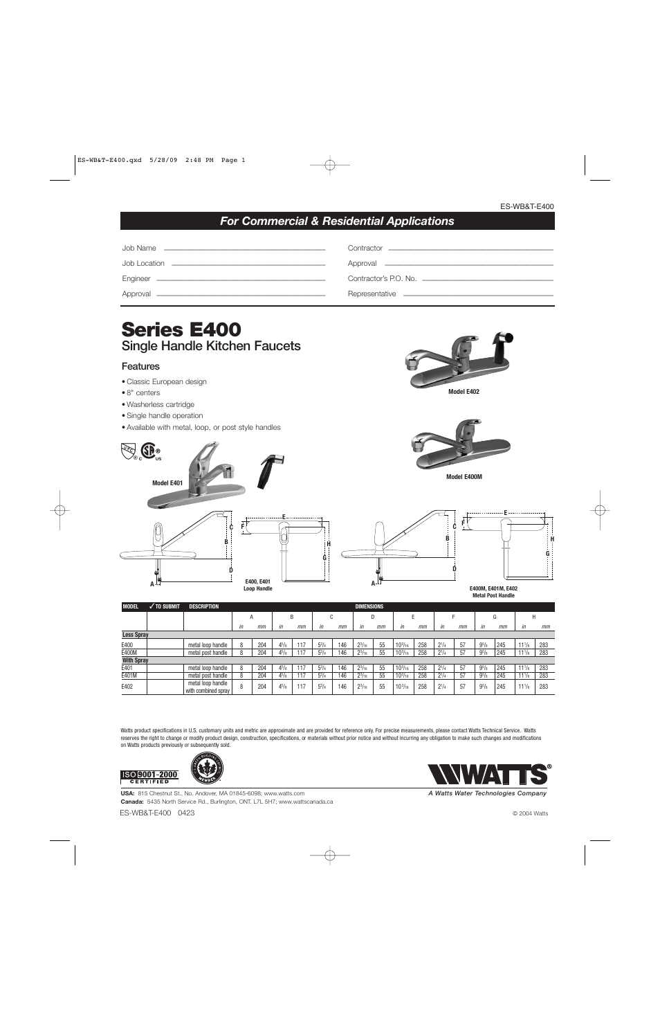 Watts E401M User Manual | 1 page