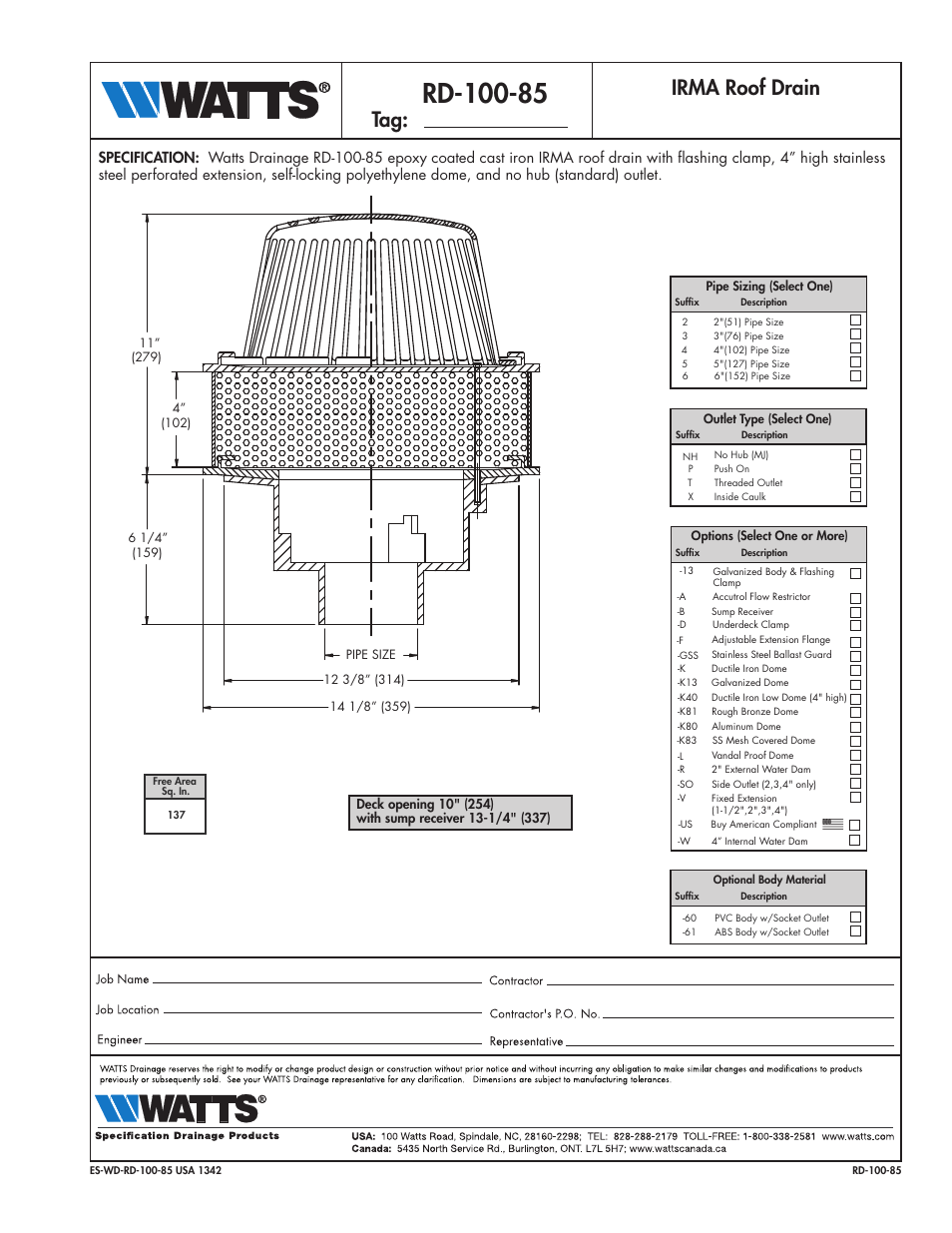 Watts RD-100-85 User Manual | 1 page