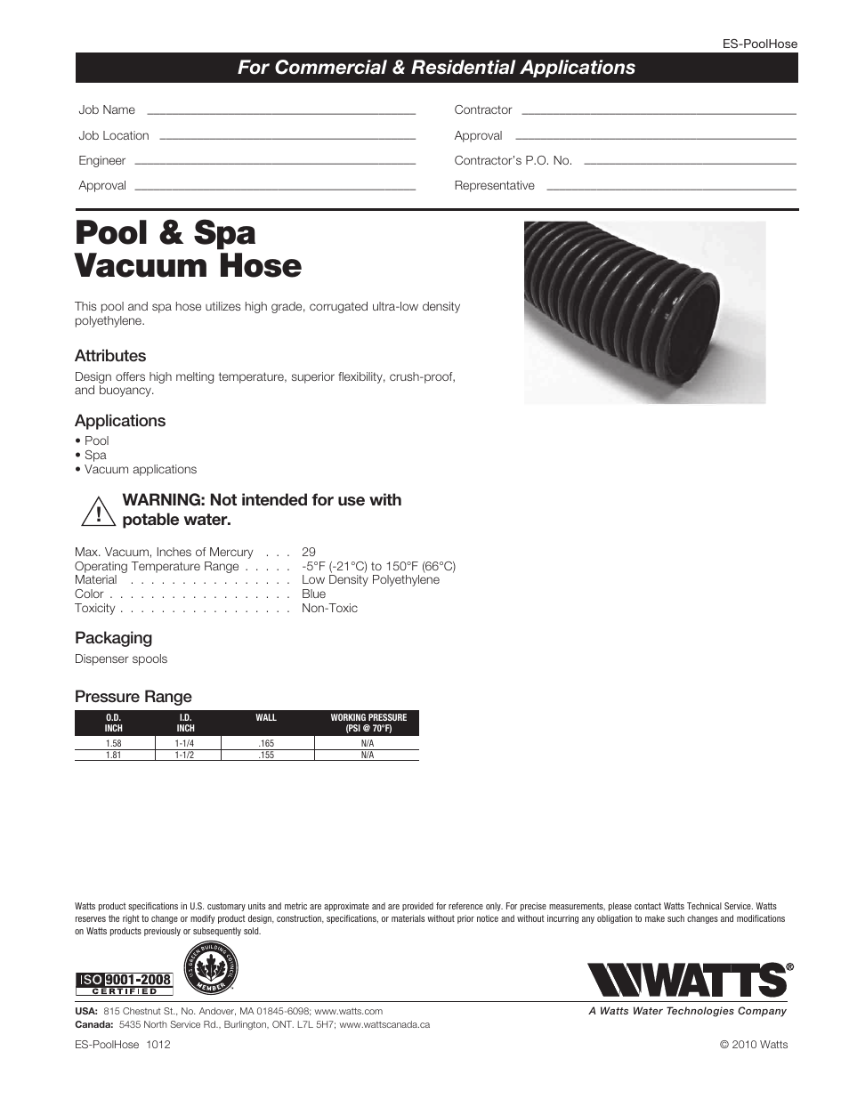 Watts Pool & Spa Vacuum Hose - Reels User Manual | 1 page