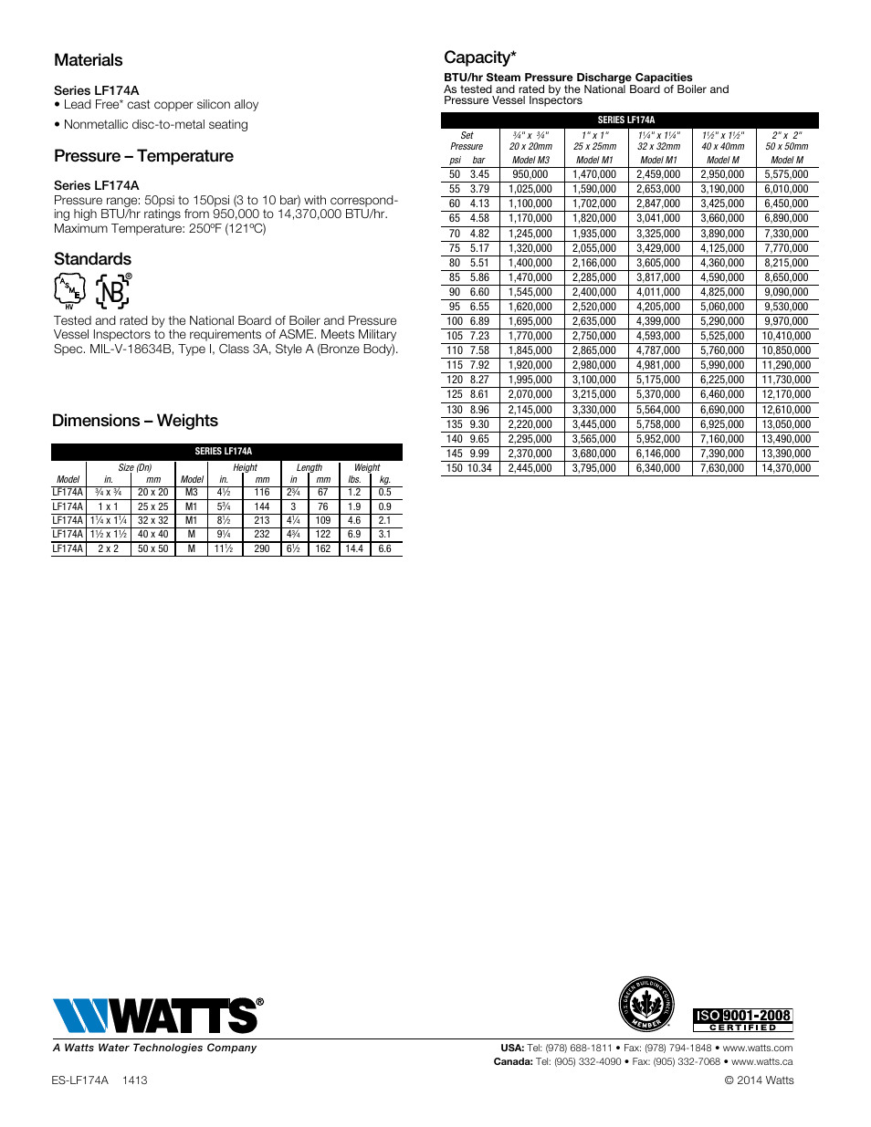 Materials, Pressure – temperature, Standards | Dimensions – weights, Capacity | Watts LF174A User Manual | Page 2 / 2
