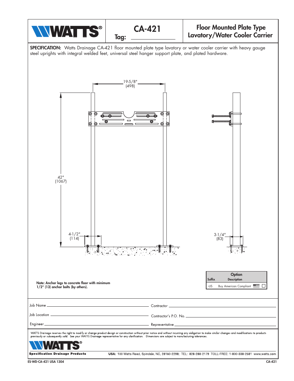 Watts CA-421 User Manual | 1 page